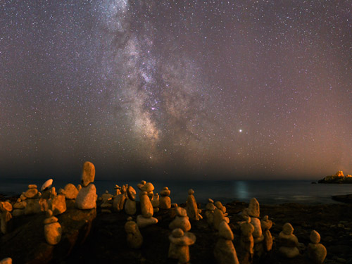 Stone characters under the Milky Way